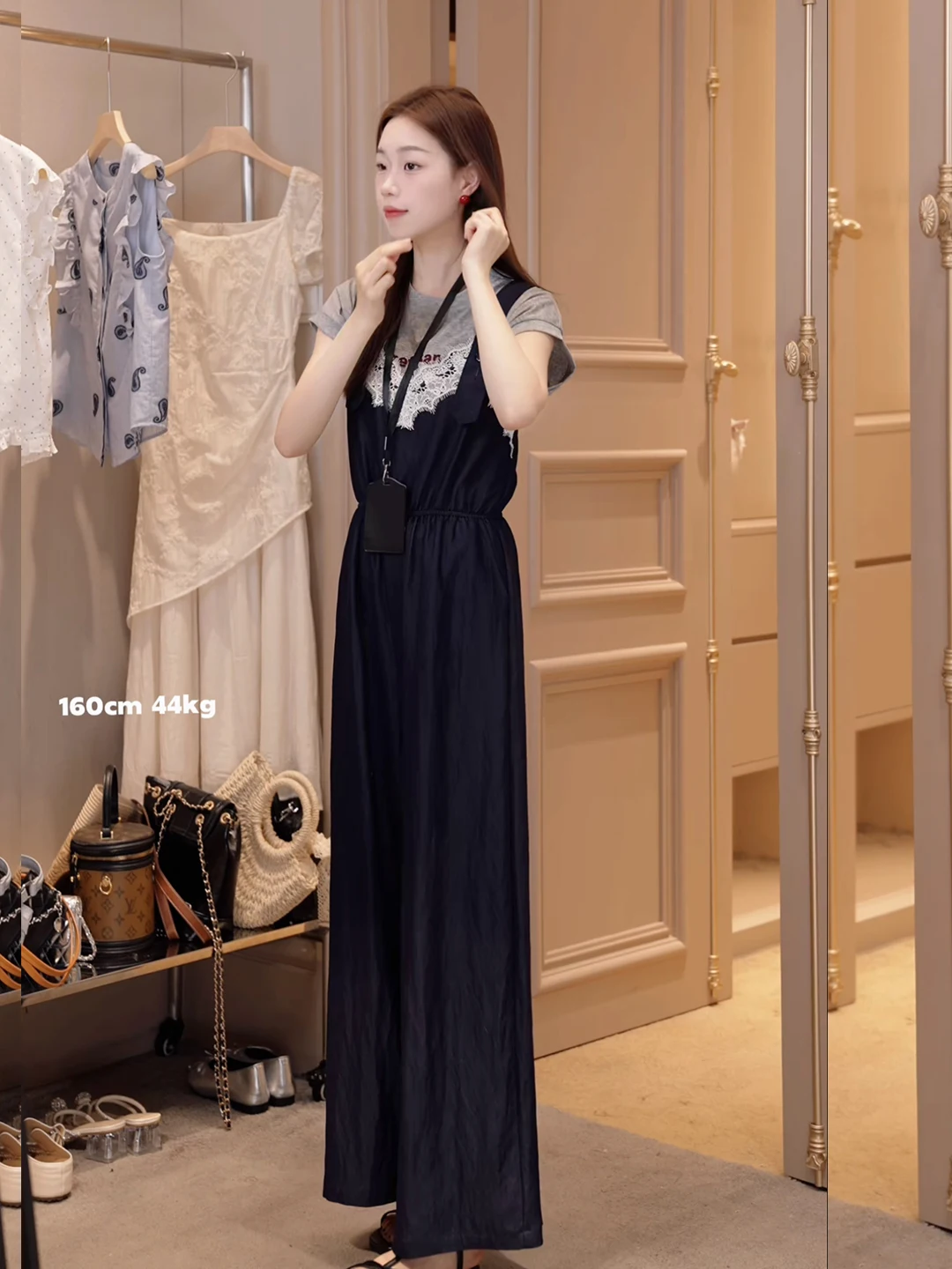 엘리 하이웨이스트 레이스 트림 비브 오버롤 여성 여름 패셔너블 고급스러운 원피스 팬츠 출퇴근용 롱 팬츠