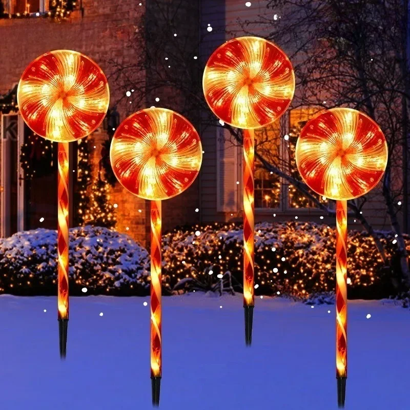Christmas Candy Cane Solar Ground Stake Round Candy Lights Christmas Yard Garden Lawn Decorative String Lights 5PCS