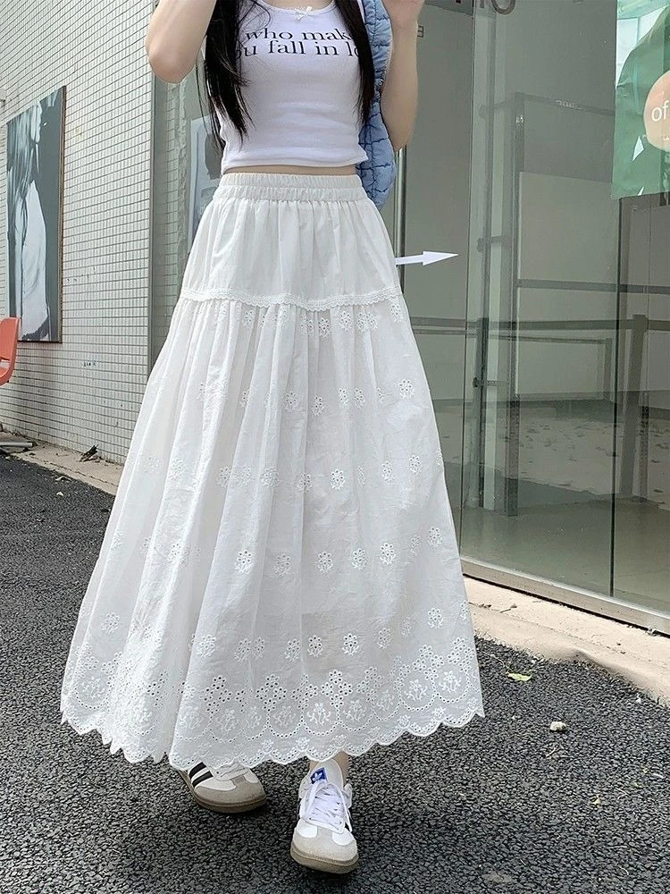 

Женская белая летняя длинная юбка с высокой талией, А-силуэт, кружевная, многоярусная, с вышивкой, ажурная, во французском стиле, элегантная, повседневная, для вечеринок ​