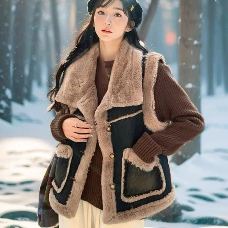 

Faux Mink Fur Denim Vest Jacket Women Fleece Autumn Winter Coat Warm Thick Korean Chic Tops Sleeveless Cardigan New