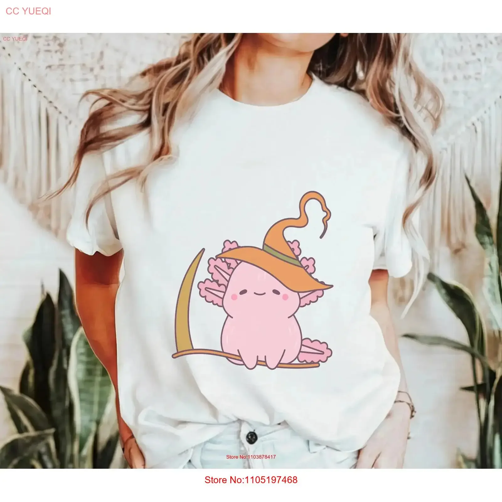 

Witchy Axolotl T Shirt Retro Halloween Kawaii For Her Spooky Season Pink Cute Witch vintage Washed Stylish Breathable
