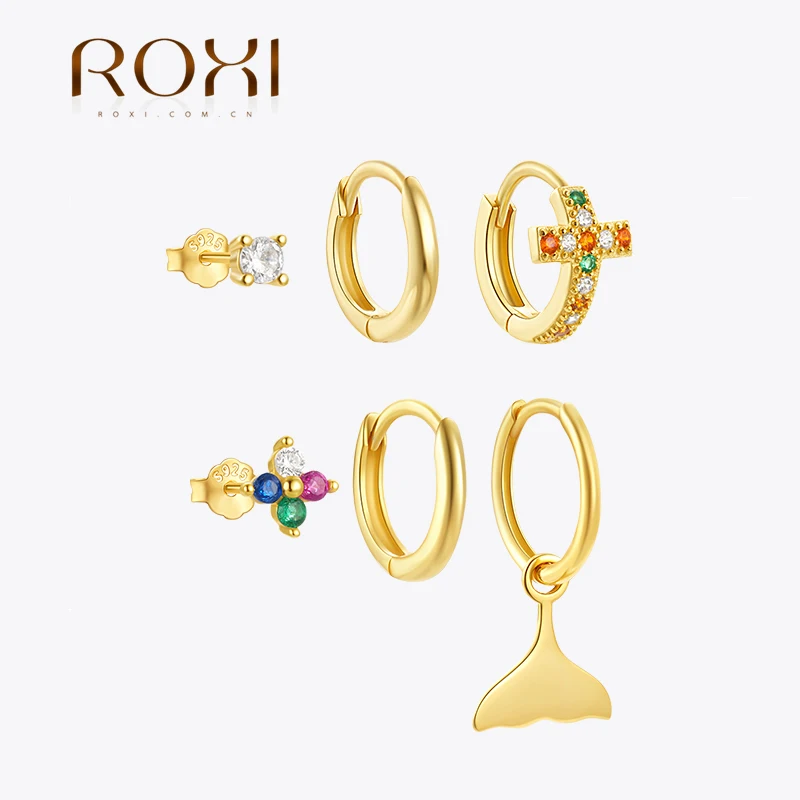 ROXI 925 Sterling Silver INS 3PCS fish tail/cross Hoop Earring Piercing Earring Set Women Colorful Zircon Party Wedding Jewelry