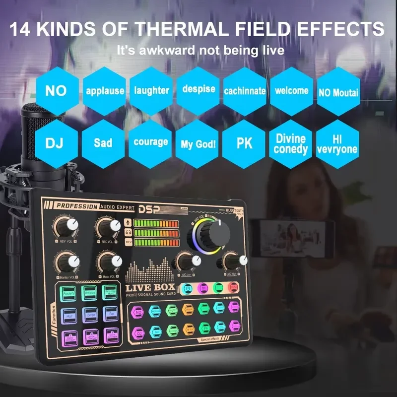 BOLRZO Huayi Voice V9 sound card kit, with microphone, for live singing podcast games, live broadcast with noise reduction
