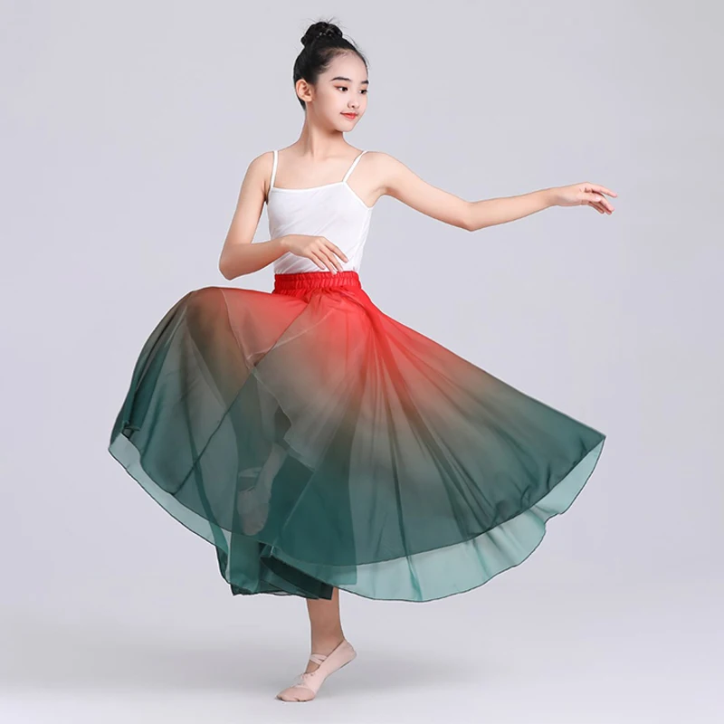 Women Girls Classical Dance Skirts 720 Degree Chiffon Elegant Gradient Color Modern Dance Skirts Practice Performance Costume