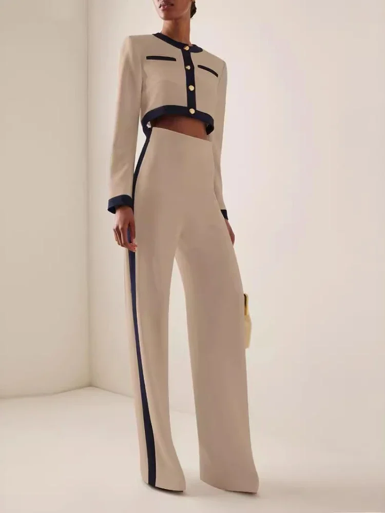 Fashion Two Piece Set Women Round Neck Long Sleeve Patchwork Singe Breasted Button Top Loose Wide Legs Pants Casual Sets Autumn