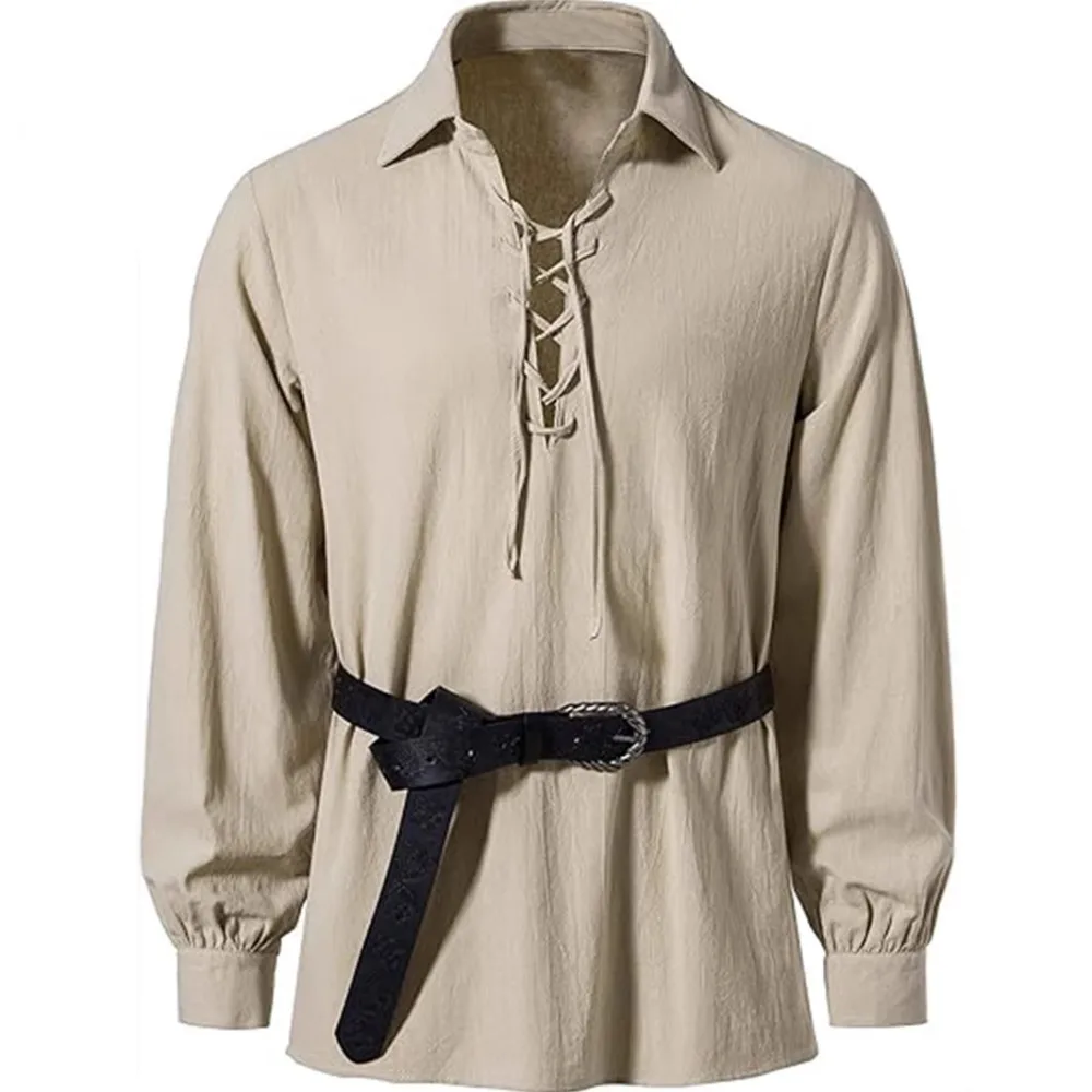 Recién llegados para primavera/verano 2025, camisa con cuello con cordones a la moda para hombre de talla europea, Top informal de manga larga estilo hippie