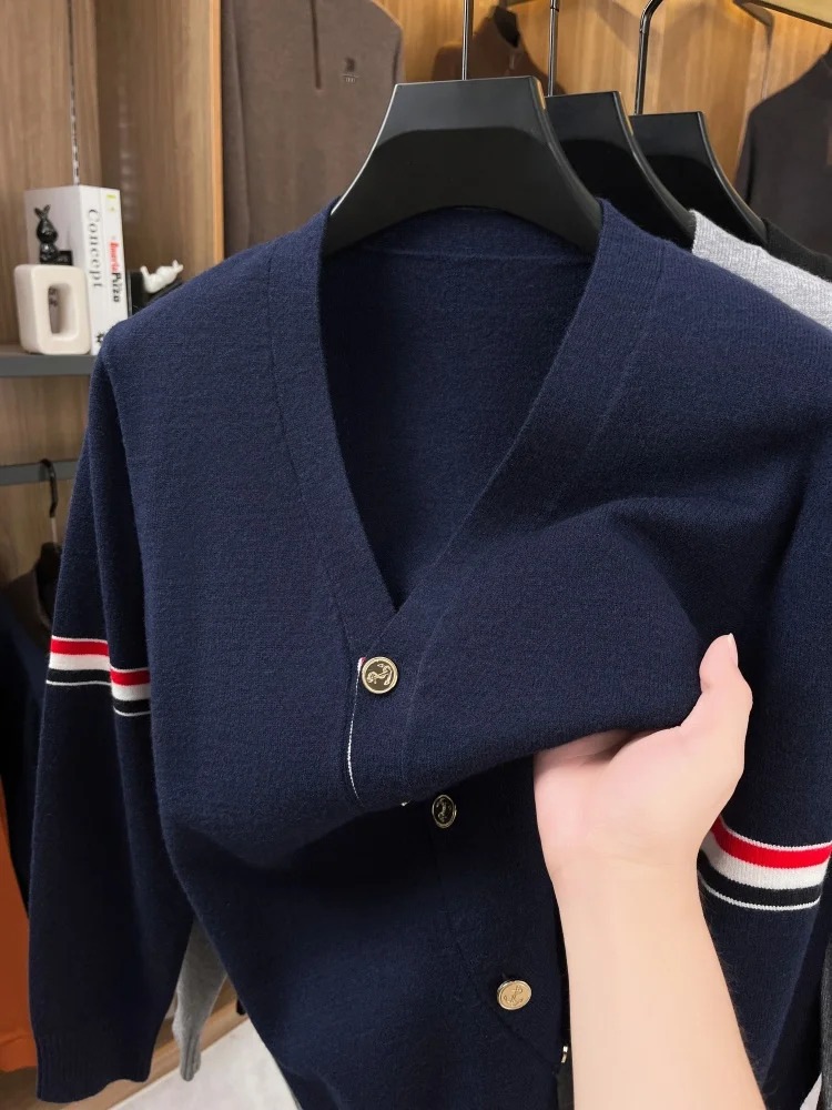 Luxury Brand Knitted Cardigan Men's 2026 Autumn Trend Color Blocked Striped Designer New shawl Korean Casual V-Neck sweater Coat