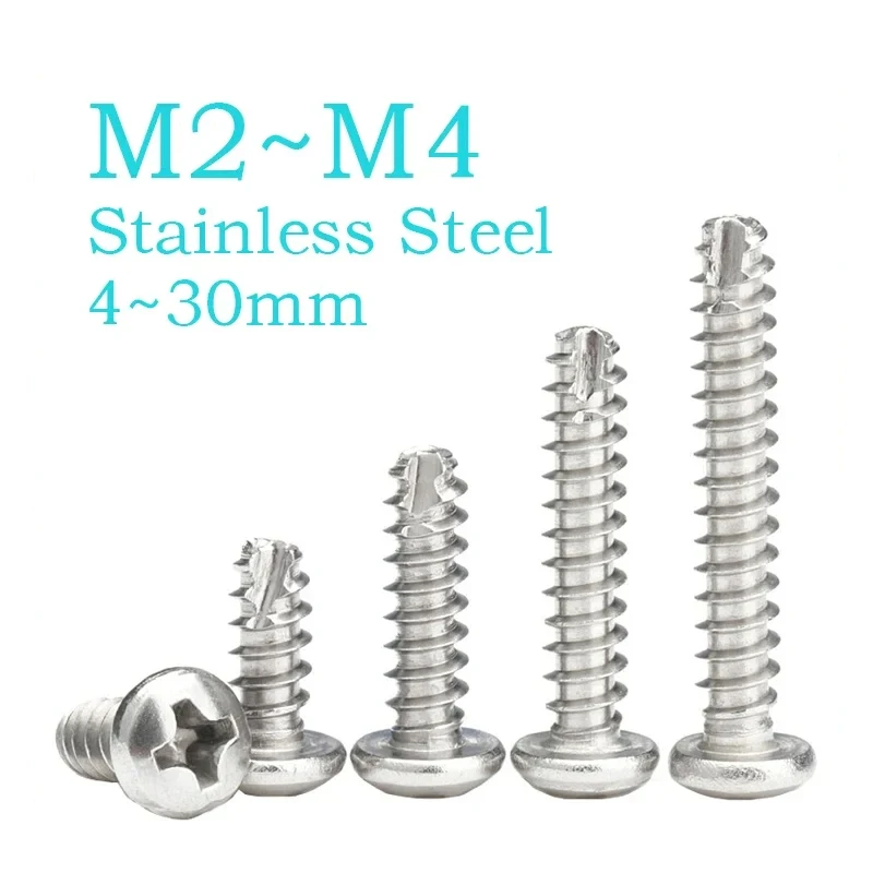 20~50Pcs 304 Stainless Steel Phillips Round Head Cutting Tail Self Tapping Screw M2 M2.3 M2.6 M3 M3.5 M4 Cross Recess Screws
