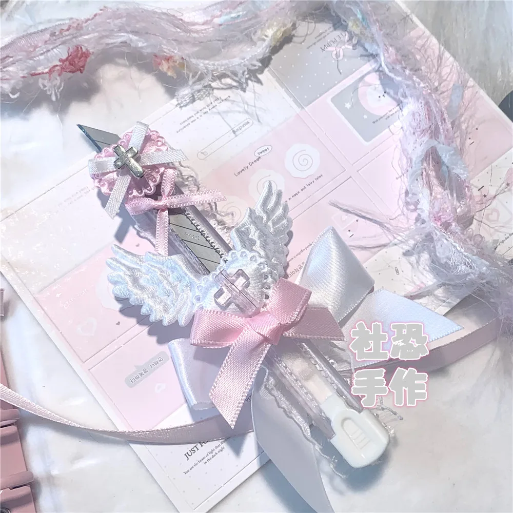 Sweet Pink Lace Wings Handmade Decor Knife Art Kawaii Utility Knife Pain Angel Pink Girl Y2k Ornament