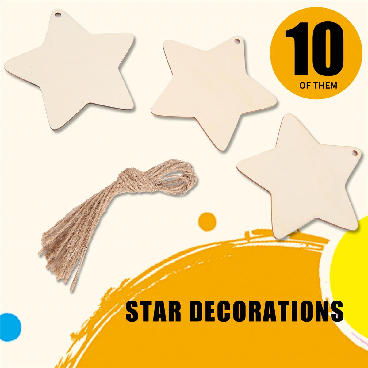 10 x Wooden Star Shapes, Plain Wood Craft Tags with Hole (10cm)