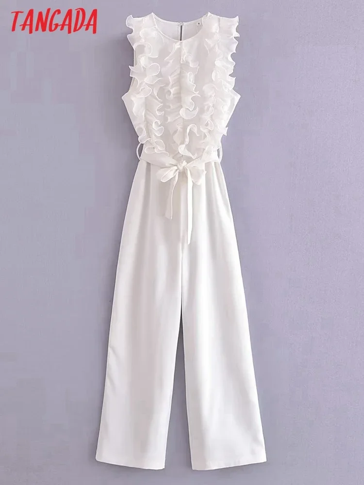 Tangada 2023 Summer Women Ruffles Long Jumpsuit With Slash Sleeveless Female Elegant Jumpsuit 6P154