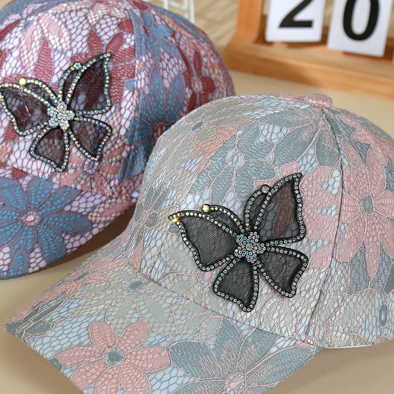 Spring and Summer Lace Rhinestone Butterfly Cap Sunshade Sunscreen Baseball Cap Women Net Yarn Breathable