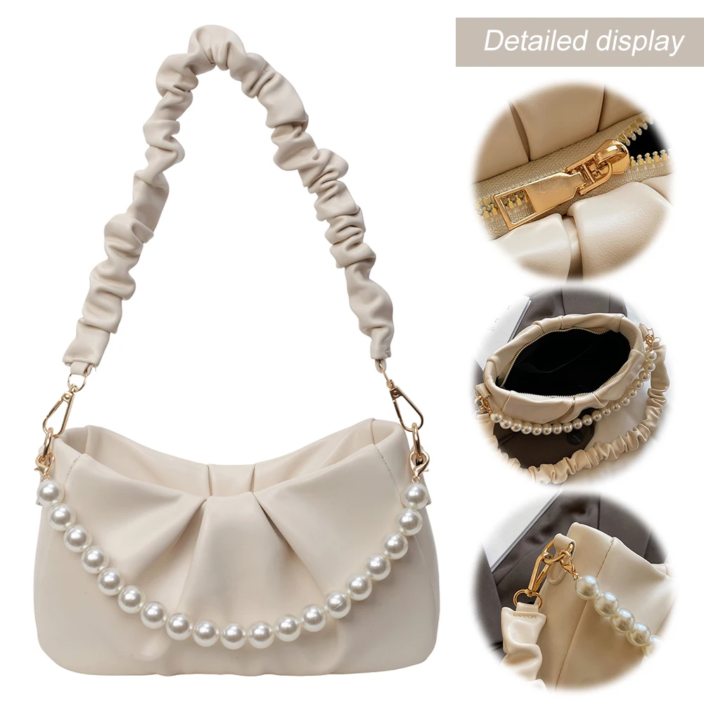 

Women Ruched Shoulder Bag PU Leather Pearls Tote Handbag Zipper Closure Pleated Crossbody Bag Ladies Commute Handbag