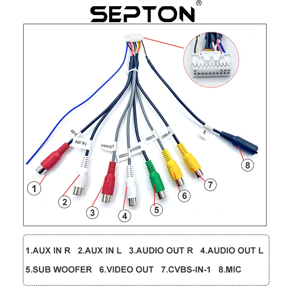 SEPTON-Car Stereo Radio, Fio de Saída RCA, Aux-in Cabo Adaptador, Acessórios do carro, 20 Pin Cabo Universal, Fiação Conector