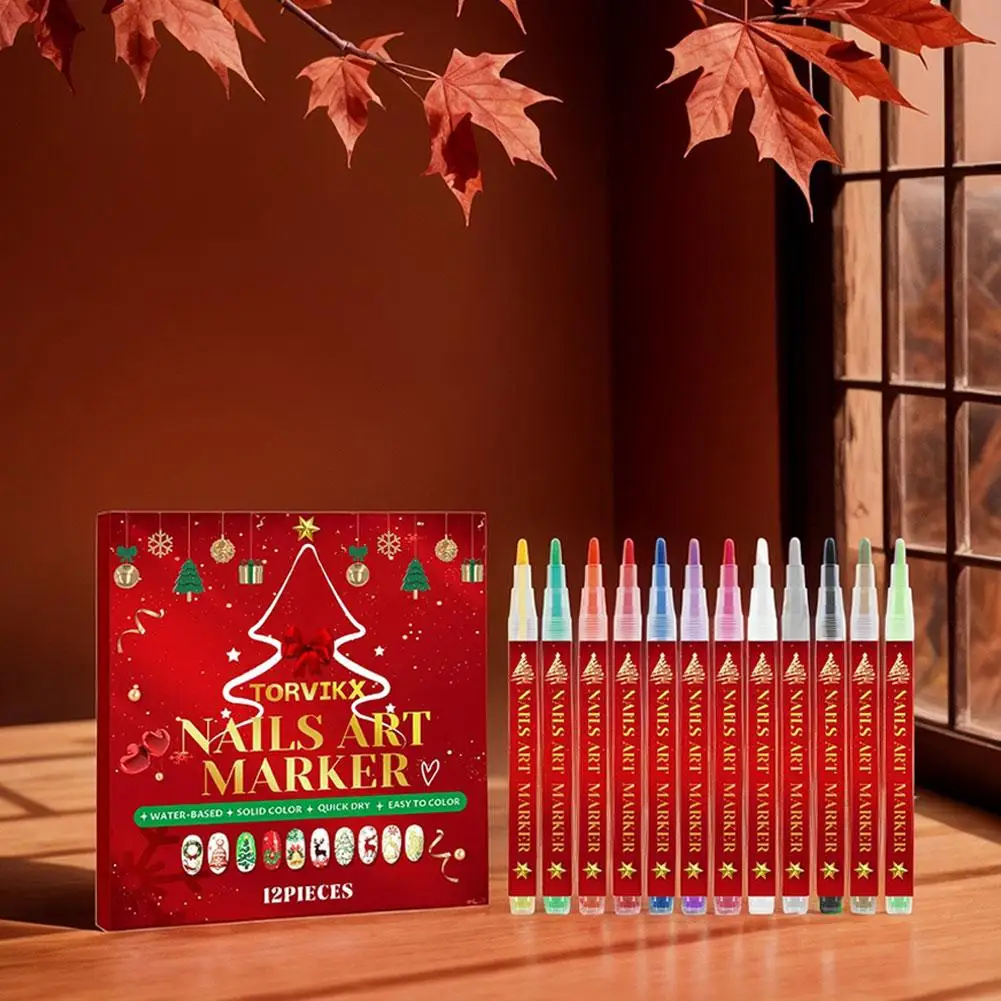 

12 Colors DIY Christmas Nail Art Painting Pen Fine Pen Tip Long-Lasting Color Quick-Drying Smudge-Proof Nail Pen DIY Nail Tool