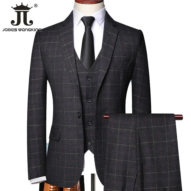 Blazer gilet pantaloni Boutique Plaid uomo formale sposo abito da sposa vestito sottile 3 pezzi o 2 pezzi abito da lavoro Casual da uomo smoking