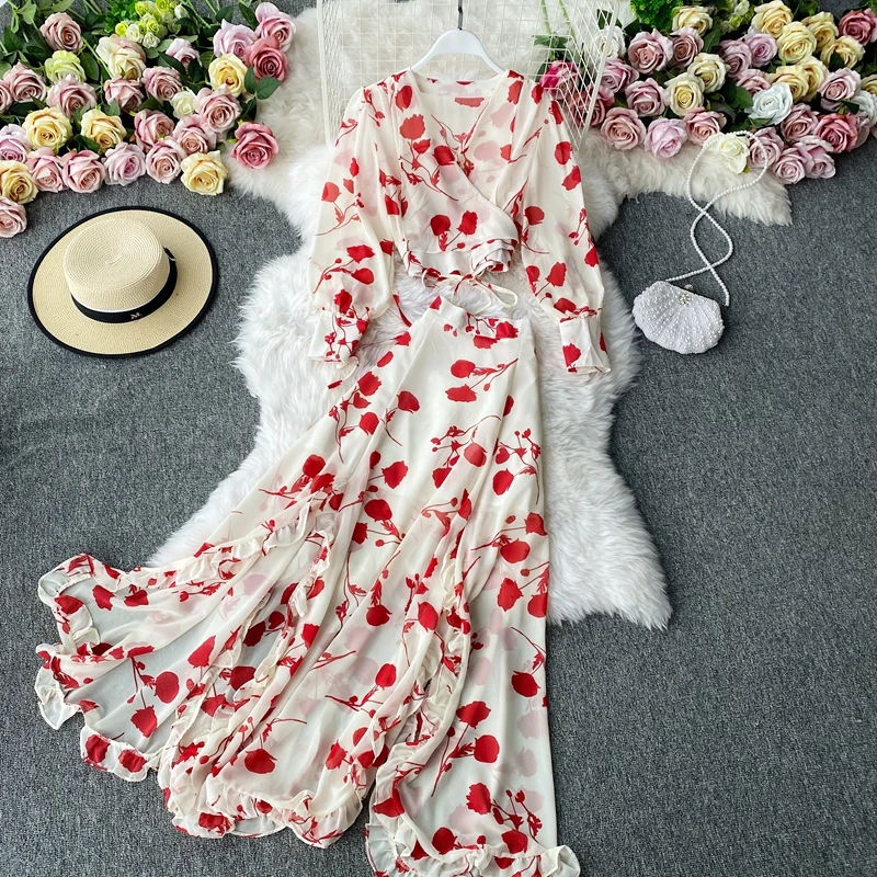 مجموعة الموضة تنورة مع حزام فقاعة كم الخامس الرقبة الشيفون قميص انقسام تنحنح عالية الخصر الشيفون تنورة طويلة قطعتين مجموعة #3