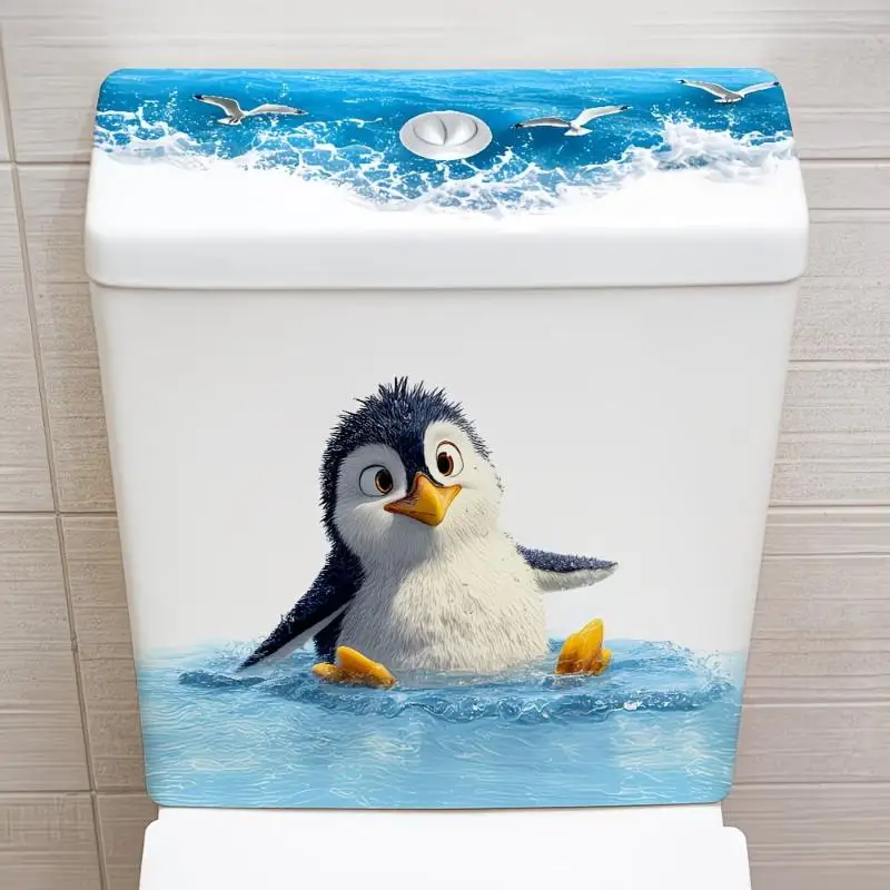 Cute Swimming Penguin Toilet Sticker Easy Apply Waterproof Decal for Toilet Lid Tank Cartoon Style Bathroom Art Decor