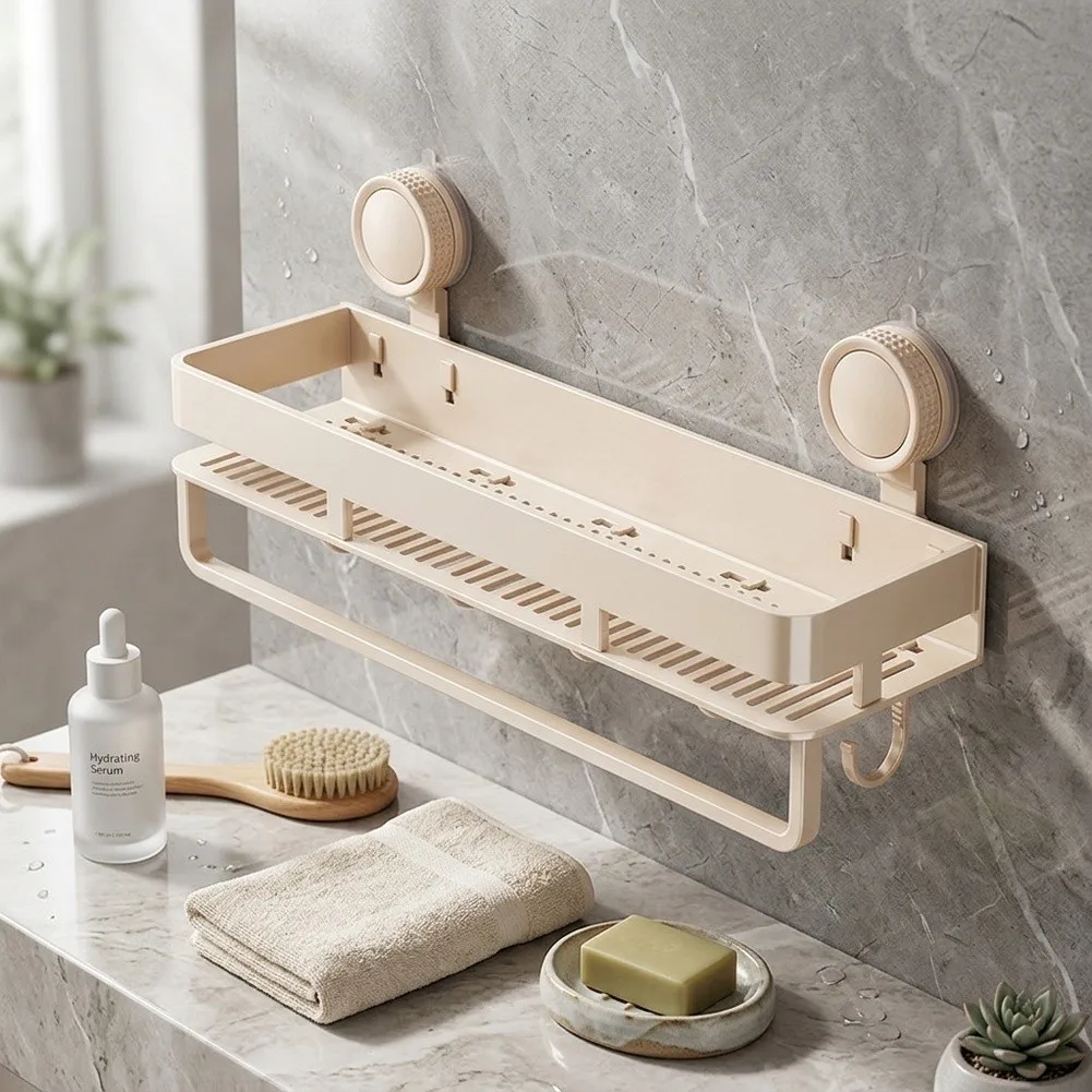 Modern Cream Shower Storage Rack with Strong Hold Suction Cups for Smooth Walls 40cm Carbon Steel Bathroom Shelf