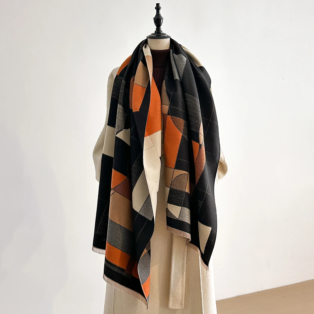 

Luxury Winter Scarf for Women Faux Cashmere Warm Geometric Cat Print Pashmina Thick Soft Shawl Wrap Female Brand Foulard Bufanda