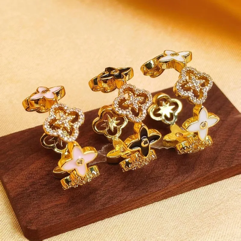 خاتم البرسيم المجوف المحظوظ بأربع أوراق للنساء، مرصع بالزيت، خاتم فاخر وخفيف الوزن وغير يتلاشى #1