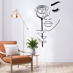 creative black girl face rose sticker for salon living room decoration self adhesive wall decal