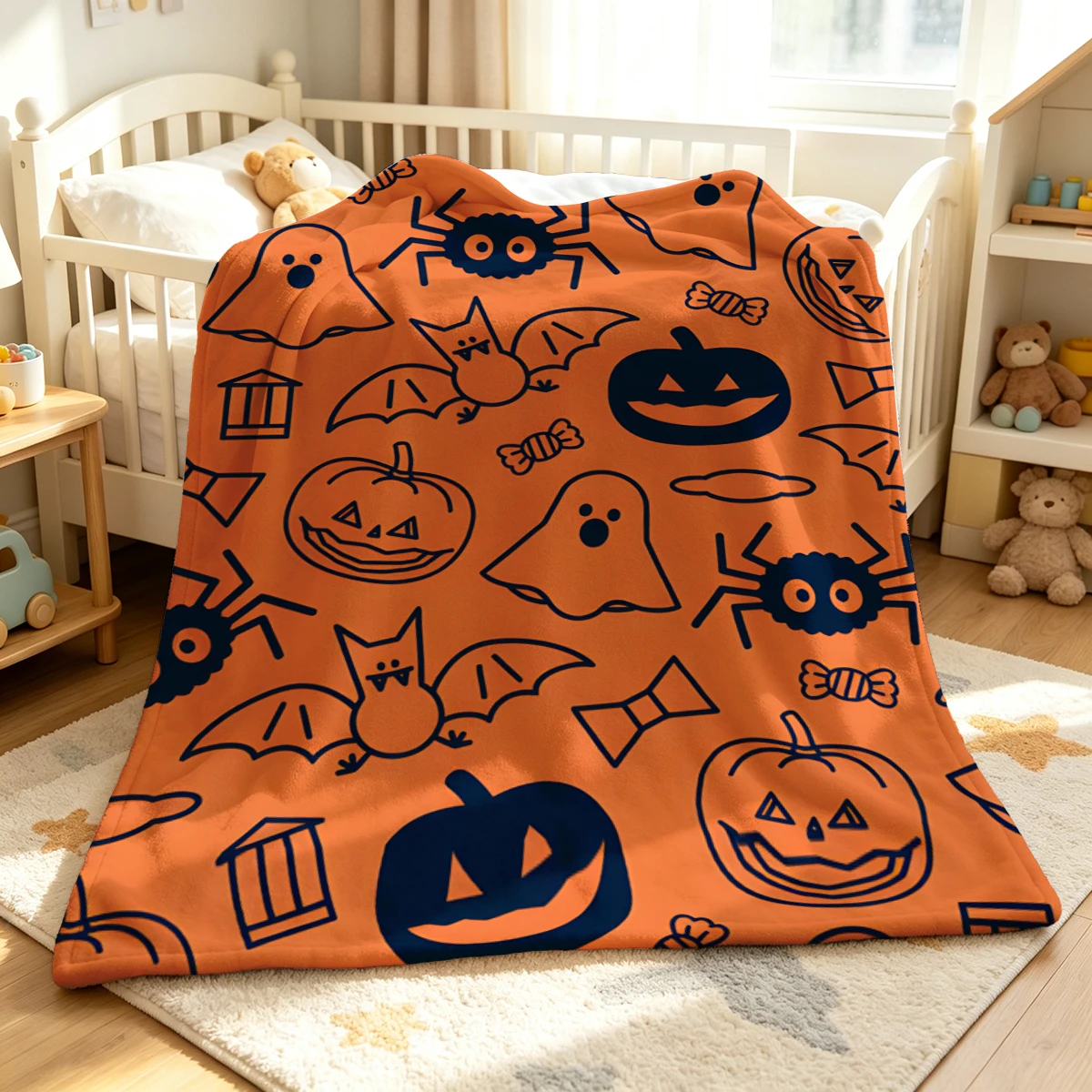 Orange Black Halloween Winter Summer Flannel Blanket Throw Fleece Soft Fuzzy Plush Cozy Fleece Blankets for Sofa Ideal Gifts