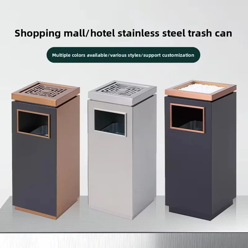 Hotel commercial large-capacity square trash can elevator lobby thickened stainless steel material suitable for corridor use