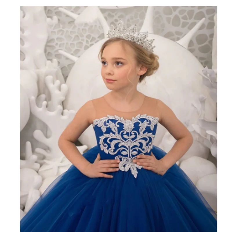 Flower Girl Dresses Royal Blue Puffy  Long Princess Dress Lace Girl Birthday Party Dress Girl Dress for Wedding Communion Custom