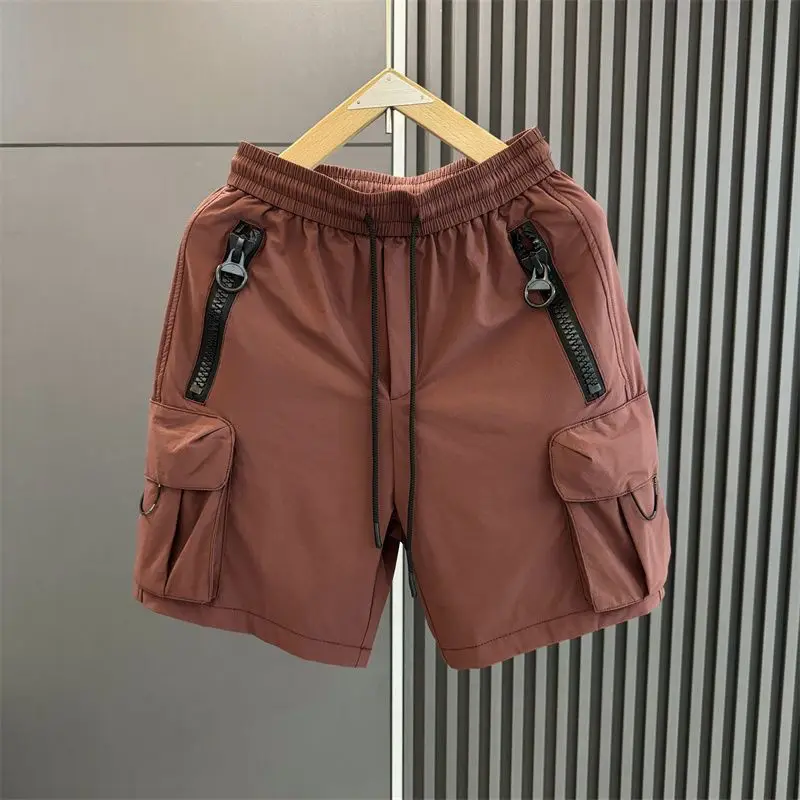 Men Trendy Vintage Casual Streetwear Zipper Pockets Thin Short Pants 2024 Summer Loose Quick Drying Straight Beach Cargo Shorts