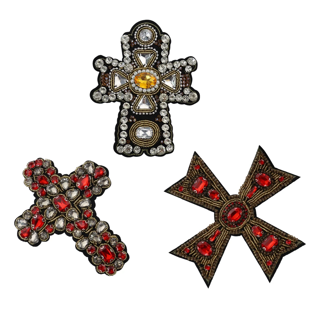 Craft Beaded Crystal Rhinestones Cross Design Patches Applique Sew on Patches Clothes Bags Decorated Badge DIY Crucifix Emblem