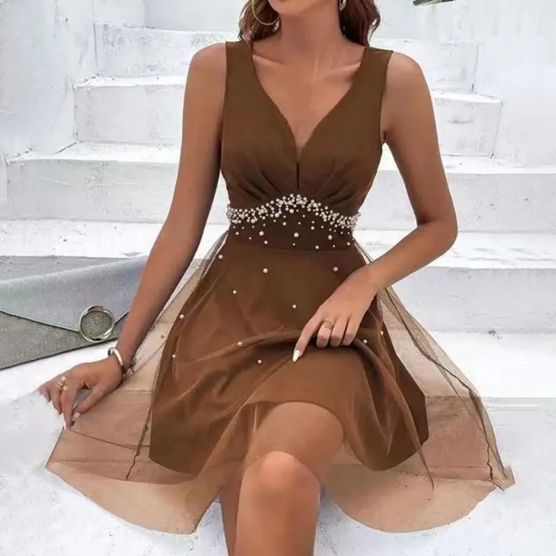 Senhora verão vestido de baile elegante decote em v pérola embelezado a linha vestido de noite com dupla camada de malha sobreposição cintura alta para o verão