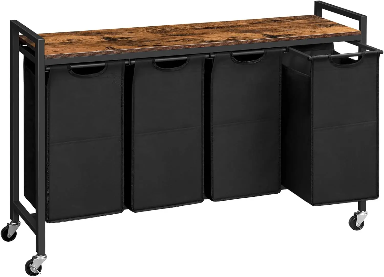 

4-Section Rolling Laundry Hamper with Wheels, Removable Bags, Rustic Brown and Black - Easy Assembly