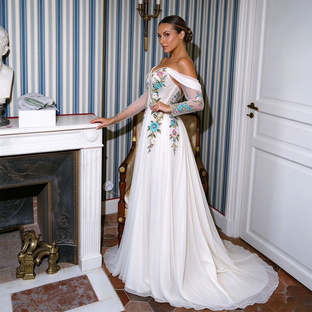 Off Shoulder Colorful Long Sleeves Bridal Gowns Customized A Line Sweetheart Embroiderey Fantasy Fairytale Blue Wedding Dress
