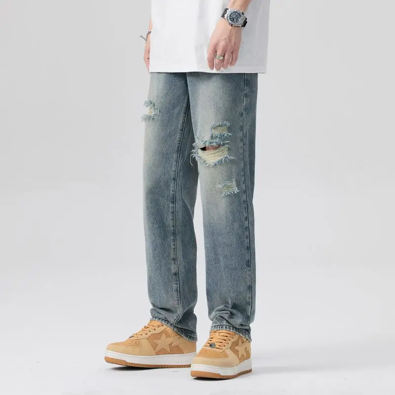 Ripped jeans men's straight tube summer loose straight pants American style washed high street men's light colored pants