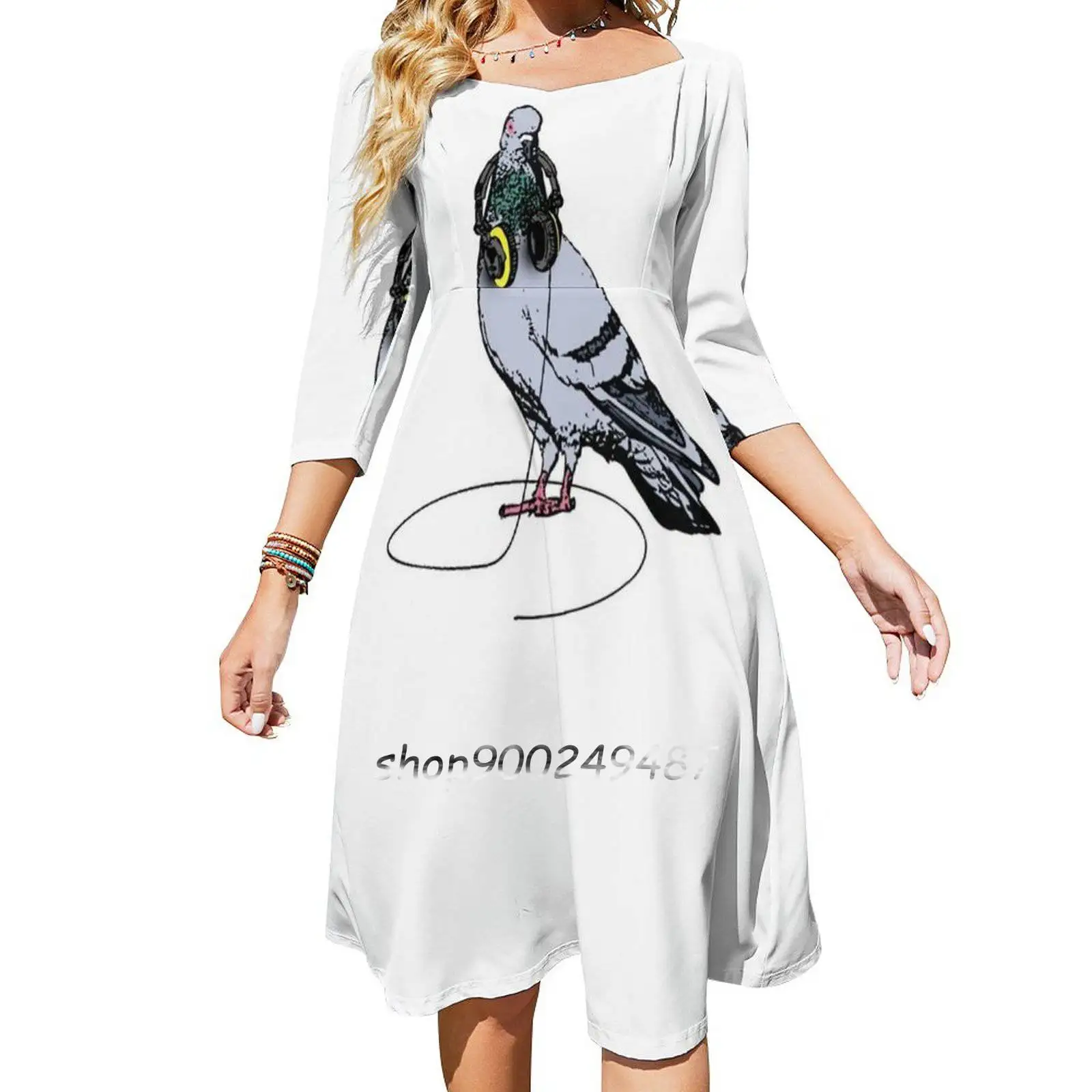 Techno Pigeon Women Casual High Waist Mini Dress Short and Long Sleeve Dresses Fashion Dress Fun Funny Humor Humorous