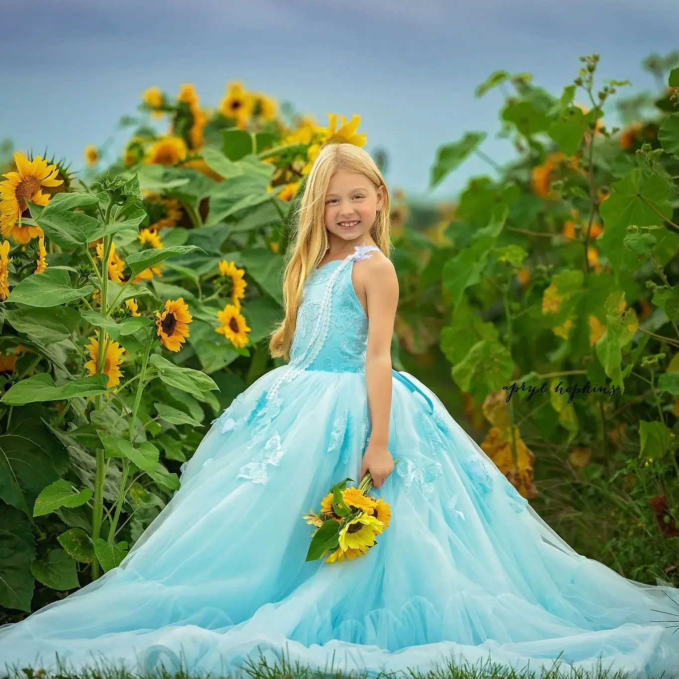 Abiti da ragazza di fiori blu cielo chiaro lunghezza del pavimento principessa bambini neonate primo compleanno vestito per la festa di nozze