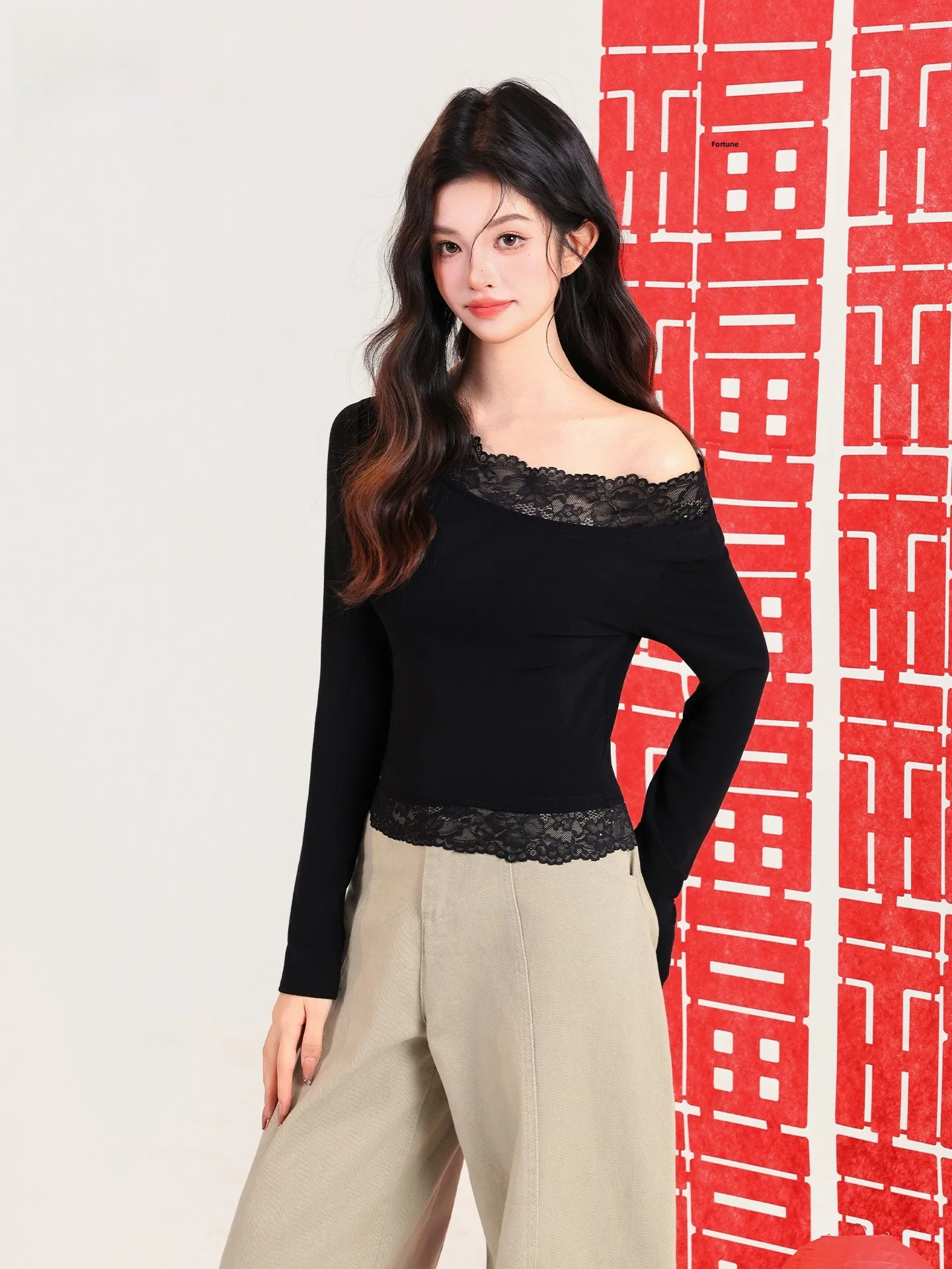 

Black Splice Lace Long Sleeve T-Shirt Women's Summer Slim Fit Short Shoulder Exposure Cashmere Top Daily Style Knitted Fabric
