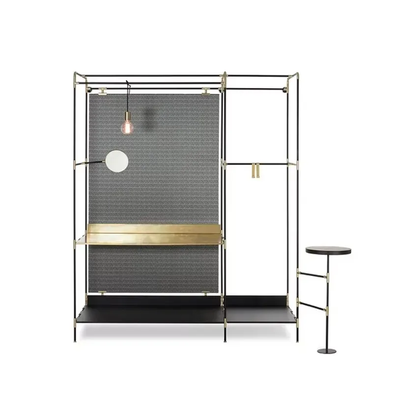 Italian Design Gold Black Metal Storage Rack Multi Layer Coat Rack Wooden Panel Display Shelf for Living Room