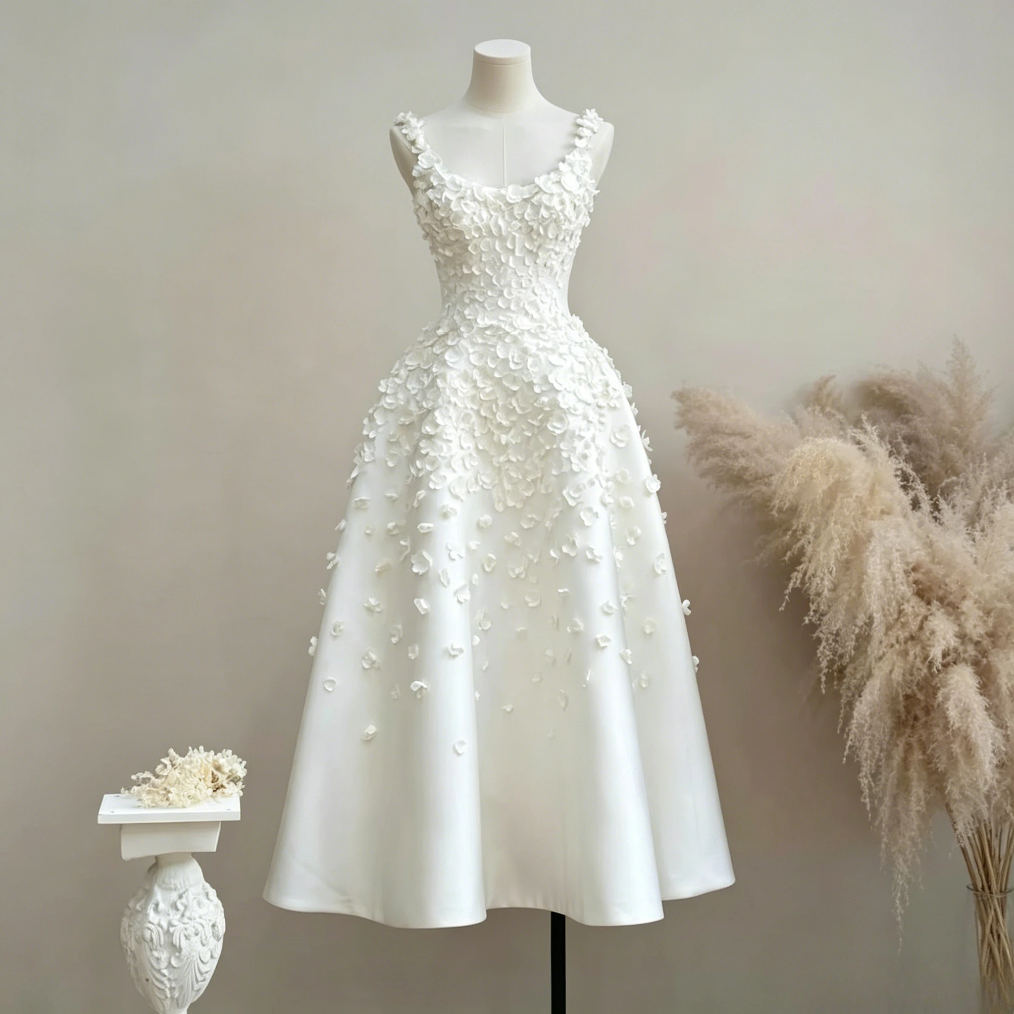 Bridal Dress Featuring Soft Scoop Neck Spaghetti Straps Fitted Waist Gradient Cascading 3D Floral Appliqués from Bust to Hem