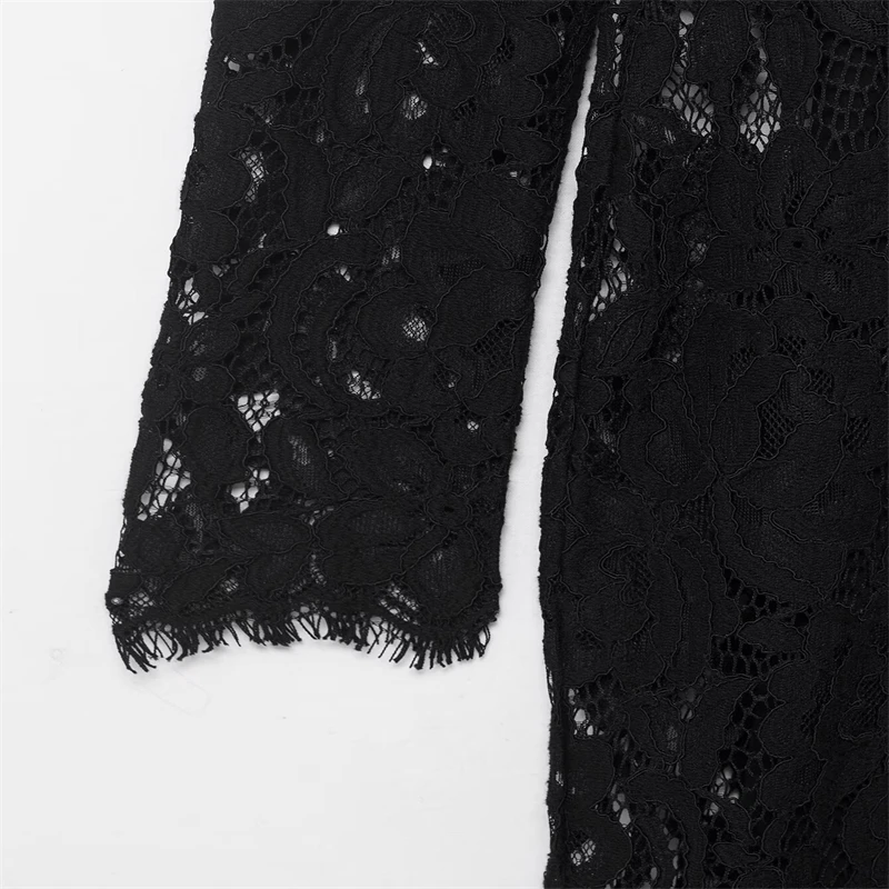 ブラック長袖レースミディドレス - エレガントなシアーフローラルレースイブニングパーティードレス2026