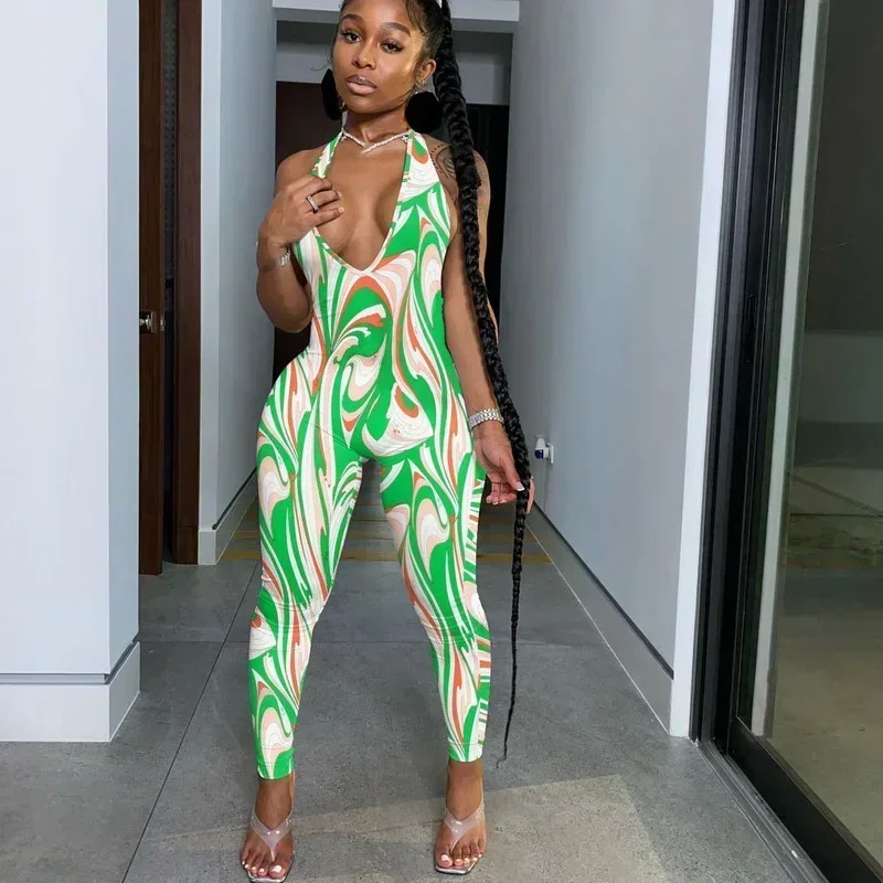 

GUWU Printed Sleeveless Deep V Neck Jumpsuits Summer Sexy Backless Night Club Party Women Skinny Rompers