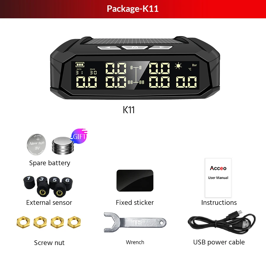 Acceo K11 Car TPMS Tyre Pressure Monitoring System Solar Power Digital LCD Display Auto Security Alarm Systems With 4/6 Sensors