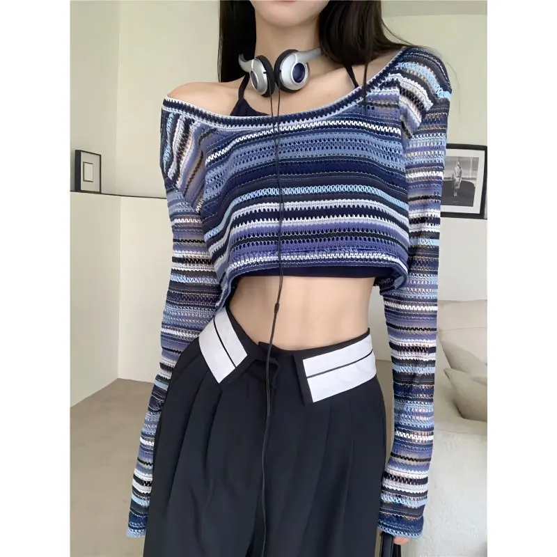 Striped Sun-proof Long Sleeved T-shirt Women Spring Korean Style Casual All-match Thin Hollow Out Short Style Fashion Y2k Tops