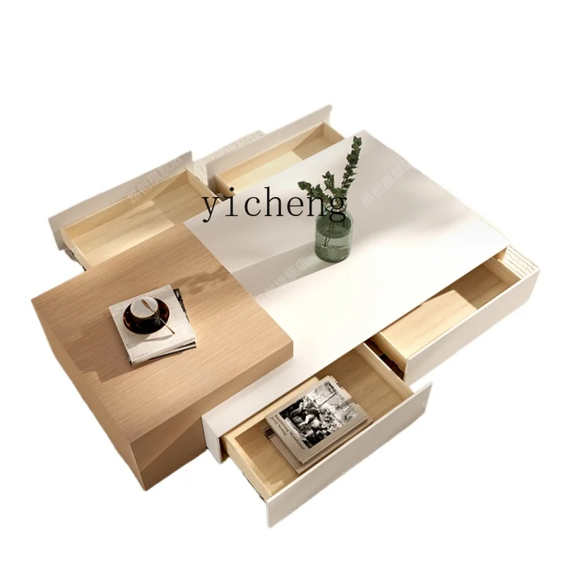 

ZK Modern Simple White Stone Plate Coffee Table Wood Color Cream Style Living Room Retractable Tea Table