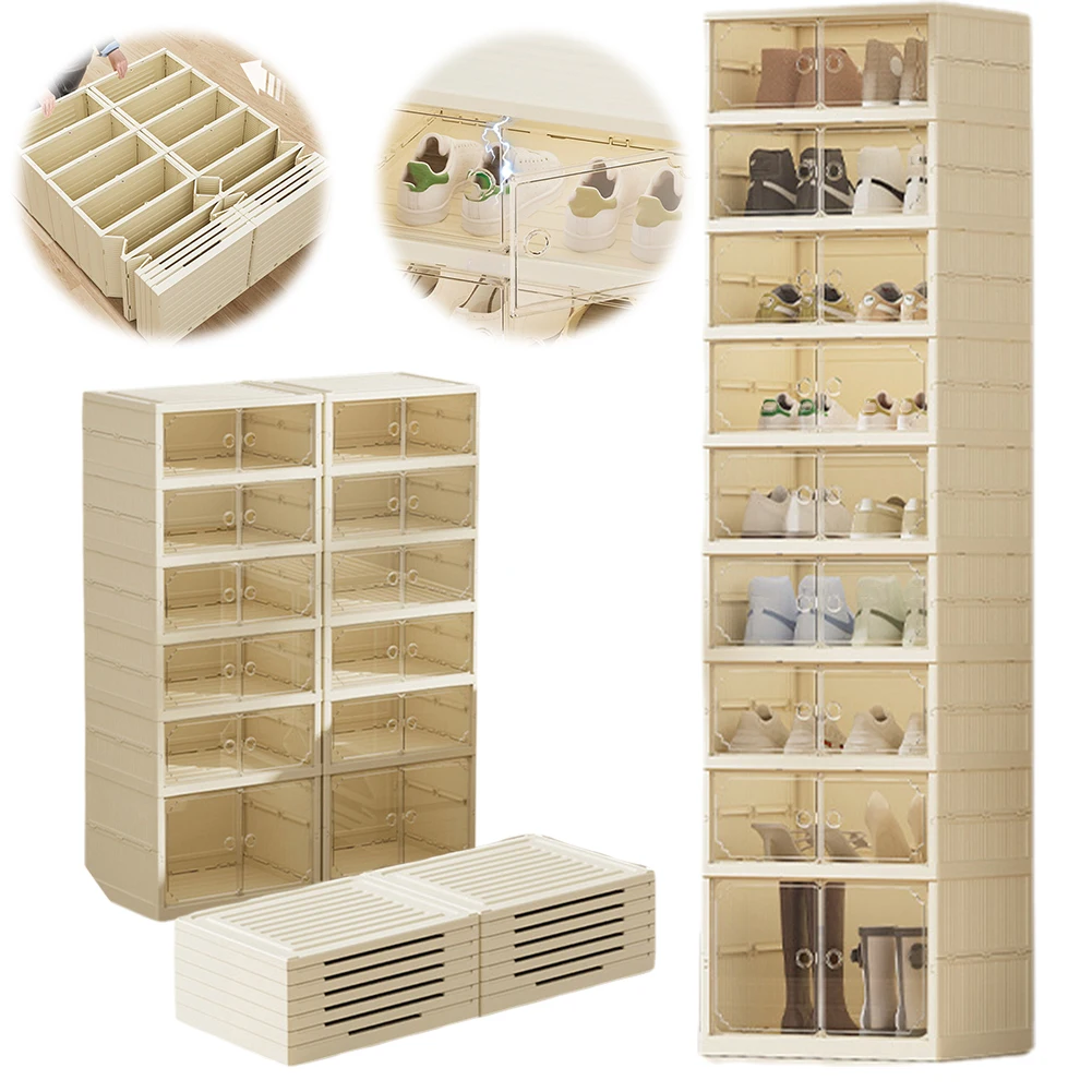 Foldable Shoe Rack Organizer Shoe Rack with Lids Transparent Tackie Box Collapsible Home Sneaker Storage Stackable Shoes Cabinet