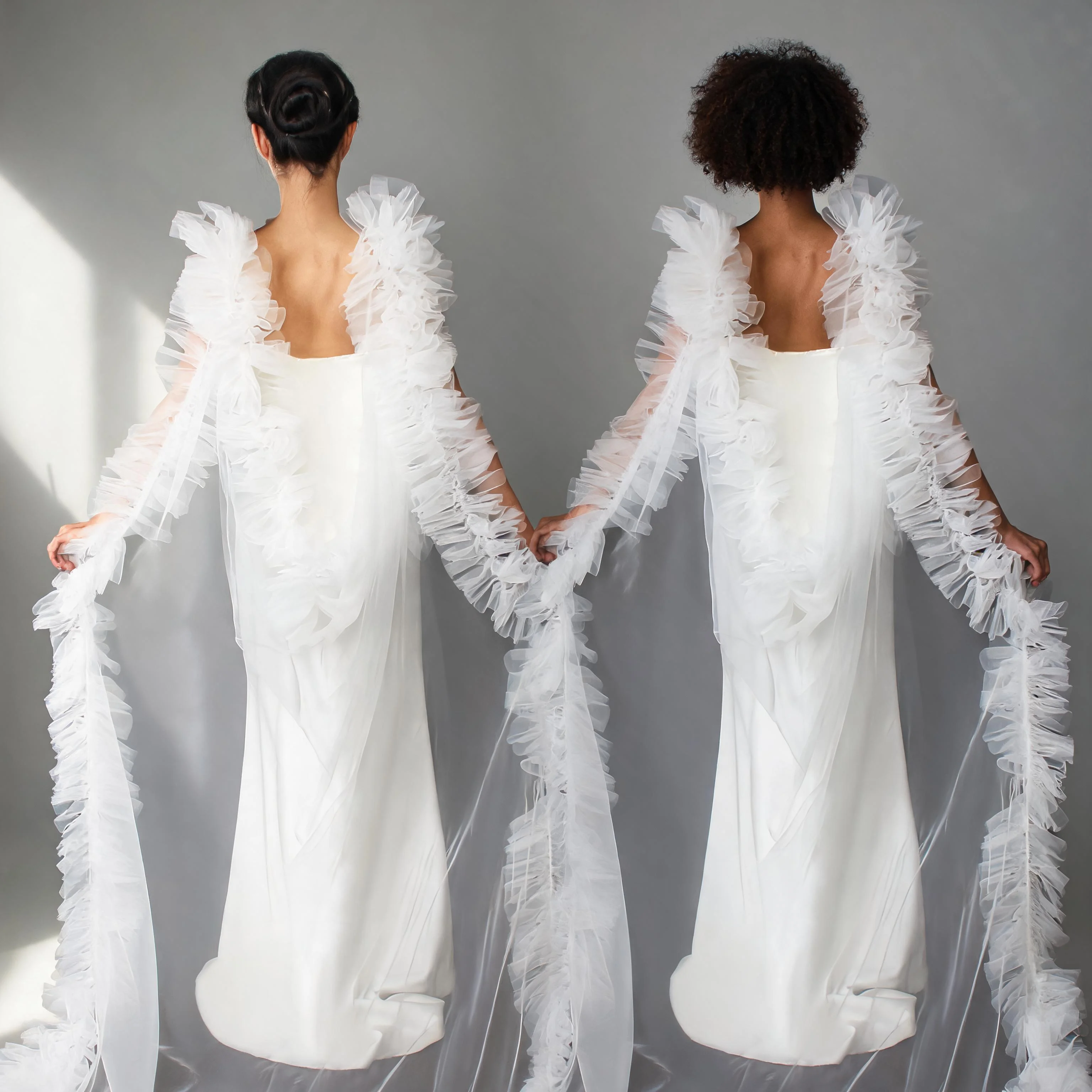 Long Trailing Layered Ruffled Bridal Cape Elegant Fluffy Wedding Shawl for Bride Gown Evening Dress Formal Ceremony GP26