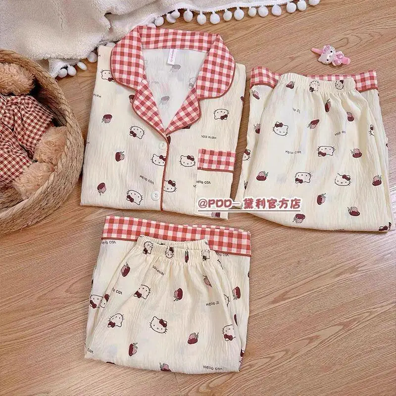 

Sanrio Women's Pajamas Sleepwear Autumn Summer New Korean Style Sweet Plus Size Three Piece Cute Homewear Loungewear Set Casual