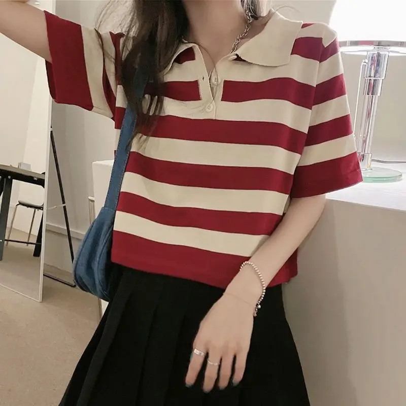 Summer New Polo Neck Knitting Short T Shirts Short Sleeve Striped Button All-match Youth Sweet Tops Casual Fashion Women Clothes