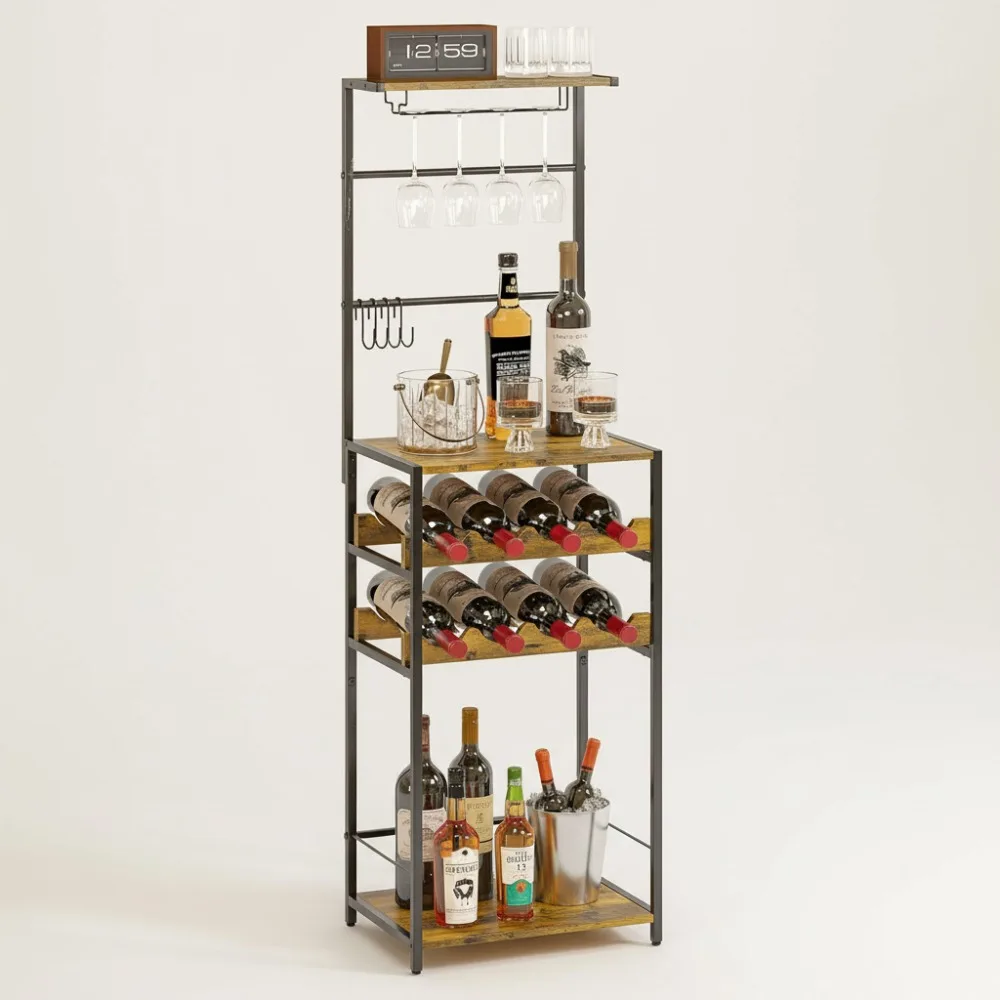 

5-уровневая угловая винная полка с держателем для стекла и крючками, компактный барный шкаф для небольших домов, вмещает 8 бутылок